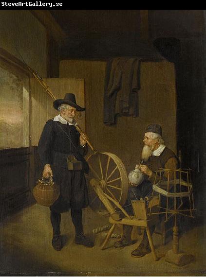 Quirijn van Brekelenkam Interior with angler and man behind a spinning wheel.